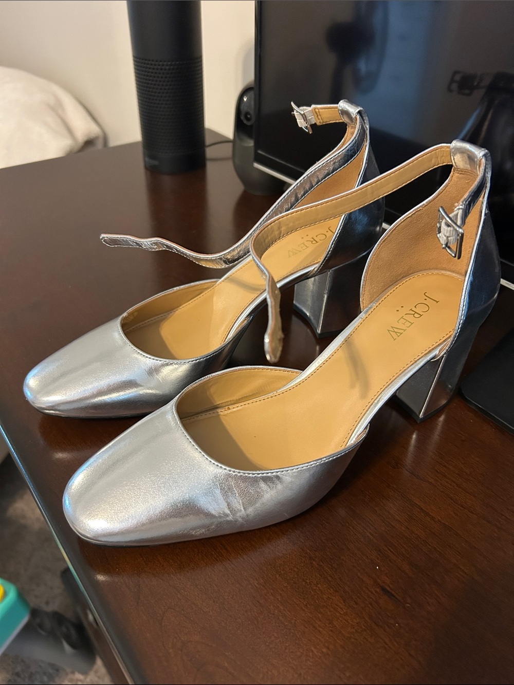 J. Crew Silver Metallic Block Heel Ankle-Strap Pumps
